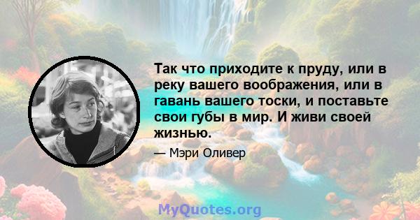 Так что приходите к пруду, или в реку вашего воображения, или в гавань вашего тоски, и поставьте свои губы в мир. И живи своей жизнью.