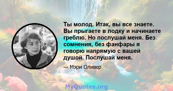 Ты молод. Итак, вы все знаете. Вы прыгаете в лодку и начинаете греблю. Но послушай меня. Без сомнения, без фанфары я говорю напрямую с вашей душой. Послушай меня.