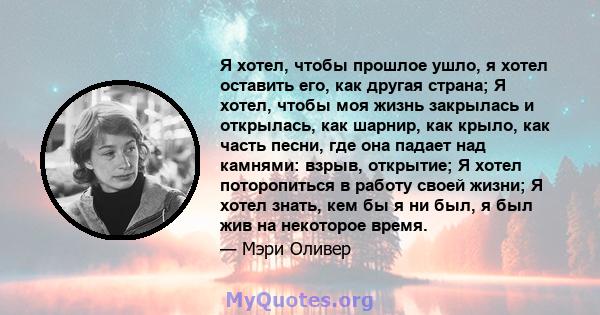 Я хотел, чтобы прошлое ушло, я хотел оставить его, как другая страна; Я хотел, чтобы моя жизнь закрылась и открылась, как шарнир, как крыло, как часть песни, где она падает над камнями: взрыв, открытие; Я хотел