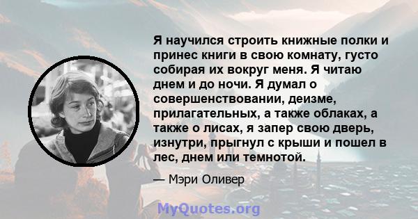 Я научился строить книжные полки и принес книги в свою комнату, густо собирая их вокруг меня. Я читаю днем ​​и до ночи. Я думал о совершенствовании, деизме, прилагательных, а также облаках, а также о лисах, я запер свою 