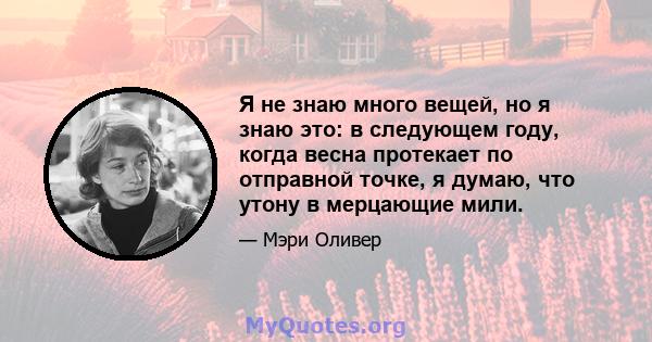 Я не знаю много вещей, но я знаю это: в следующем году, когда весна протекает по отправной точке, я думаю, что утону в мерцающие мили.