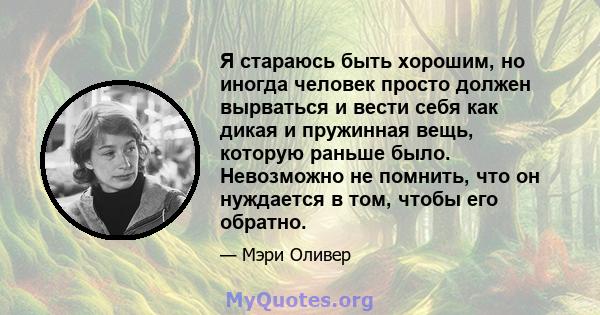 Я стараюсь быть хорошим, но иногда человек просто должен вырваться и вести себя как дикая и пружинная вещь, которую раньше было. Невозможно не помнить, что он нуждается в том, чтобы его обратно.