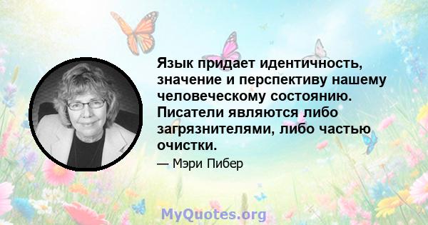 Язык придает идентичность, значение и перспективу нашему человеческому состоянию. Писатели являются либо загрязнителями, либо частью очистки.