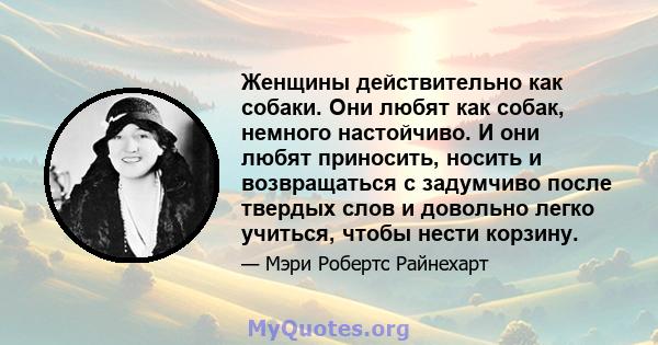 Женщины действительно как собаки. Они любят как собак, немного настойчиво. И они любят приносить, носить и возвращаться с задумчиво после твердых слов и довольно легко учиться, чтобы нести корзину.