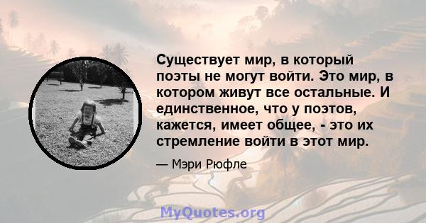 Существует мир, в который поэты не могут войти. Это мир, в котором живут все остальные. И единственное, что у поэтов, кажется, имеет общее, - это их стремление войти в этот мир.