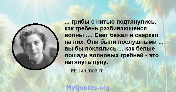 ... грибы с нитью подтянулись, как гребень разбивающейся волны .... Свет бежал и сверкал на них. Они были послушными ... вы бы поклялись ... как белые лошади волновых гребней - это натянуть луну.