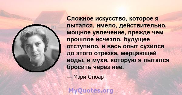 Сложное искусство, которое я пытался, имело, действительно, мощное увлечение, прежде чем прошлое исчезло, будущее отступило, и весь опыт сузился до этого отрезка, мерцающей воды, и мухи, которую я пытался бросить через