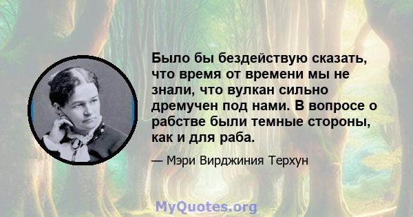 Было бы бездействую сказать, что время от времени мы не знали, что вулкан сильно дремучен под нами. В вопросе о рабстве были темные стороны, как и для раба.