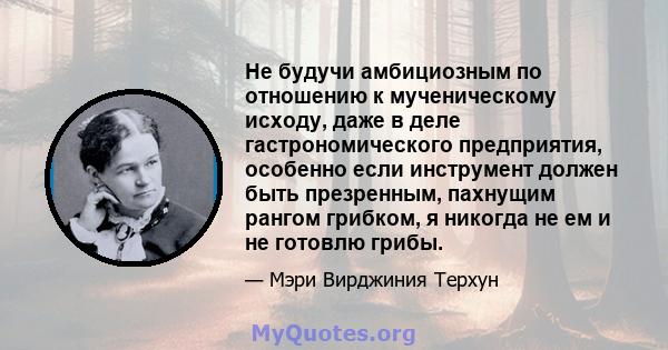 Не будучи амбициозным по отношению к мученическому исходу, даже в деле гастрономического предприятия, особенно если инструмент должен быть презренным, пахнущим рангом грибком, я никогда не ем и не готовлю грибы.