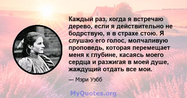 Каждый раз, когда я встречаю дерево, если я действительно не бодрствую, я в страхе стою. Я слушаю его голос, молчаливую проповедь, которая перемещает меня к глубине, касаясь моего сердца и разжигая в моей душе, жаждущий 