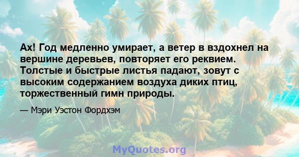 Ах! Год медленно умирает, а ветер в вздохнел на вершине деревьев, повторяет его реквием. Толстые и быстрые листья падают, зовут с высоким содержанием воздуха диких птиц, торжественный гимн природы.