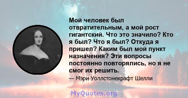 Мой человек был отвратительным, а мой рост гигантский. Что это значило? Кто я был? Что я был? Откуда я пришел? Каким был мой пункт назначения? Эти вопросы постоянно повторялись, но я не смог их решить.