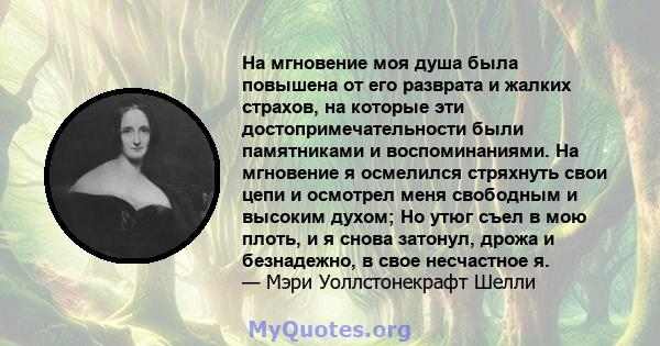 На мгновение моя душа была повышена от его разврата и жалких страхов, на которые эти достопримечательности были памятниками и воспоминаниями. На мгновение я осмелился стряхнуть свои цепи и осмотрел меня свободным и