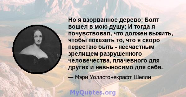 Но я взорванное дерево; Болт вошел в мою душу; И тогда я почувствовал, что должен выжить, чтобы показать то, что я скоро перестаю быть - несчастным зрелищем разрушенного человечества, плачевного для других и невыносимо