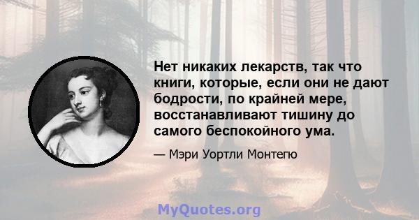 Нет никаких лекарств, так что книги, которые, если они не дают бодрости, по крайней мере, восстанавливают тишину до самого беспокойного ума.