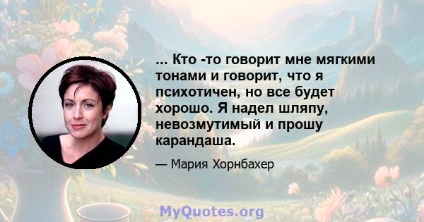 ... Кто -то говорит мне мягкими тонами и говорит, что я психотичен, но все будет хорошо. Я надел шляпу, невозмутимый и прошу карандаша.