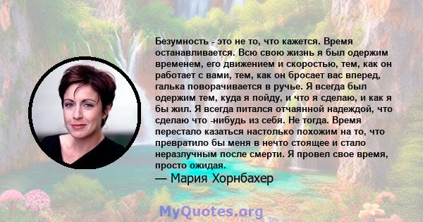 Безумность - это не то, что кажется. Время останавливается. Всю свою жизнь я был одержим временем, его движением и скоростью, тем, как он работает с вами, тем, как он бросает вас вперед, галька поворачивается в ручье. Я 