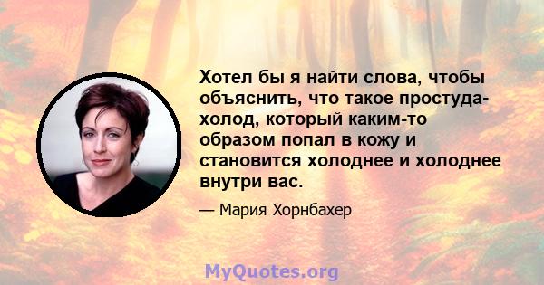 Хотел бы я найти слова, чтобы объяснить, что такое простуда- холод, который каким-то образом попал в кожу и становится холоднее и холоднее внутри вас.