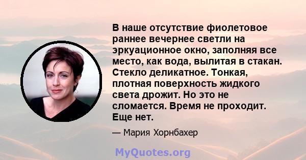 В наше отсутствие фиолетовое раннее вечернее светли на эркуационное окно, заполняя все место, как вода, вылитая в стакан. Стекло деликатное. Тонкая, плотная поверхность жидкого света дрожит. Но это не сломается. Время