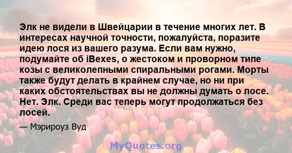 Элк не видели в Швейцарии в течение многих лет. В интересах научной точности, пожалуйста, поразите идею лося из вашего разума. Если вам нужно, подумайте об iBexes, о жестоком и проворном типе козы с великолепными