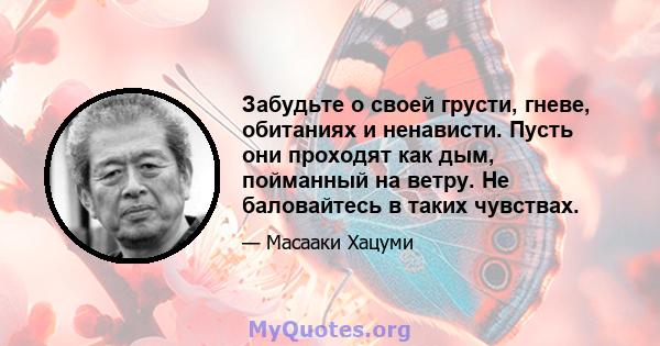 Забудьте о своей грусти, гневе, обитаниях и ненависти. Пусть они проходят как дым, пойманный на ветру. Не баловайтесь в таких чувствах.