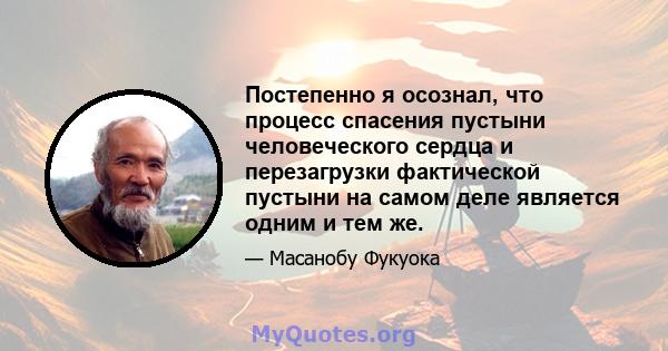 Постепенно я осознал, что процесс спасения пустыни человеческого сердца и перезагрузки фактической пустыни на самом деле является одним и тем же.