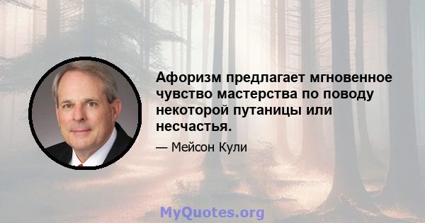 Афоризм предлагает мгновенное чувство мастерства по поводу некоторой путаницы или несчастья.