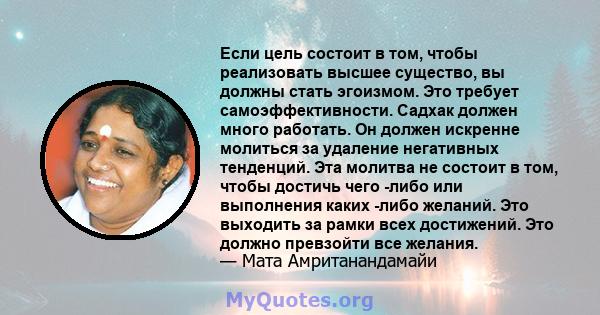 Если цель состоит в том, чтобы реализовать высшее существо, вы должны стать эгоизмом. Это требует самоэффективности. Садхак должен много работать. Он должен искренне молиться за удаление негативных тенденций. Эта