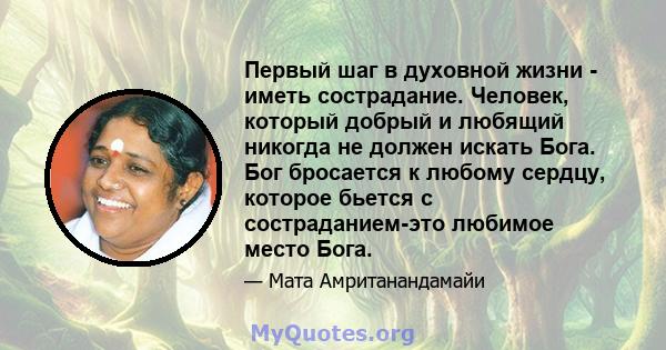 Первый шаг в духовной жизни - иметь сострадание. Человек, который добрый и любящий никогда не должен искать Бога. Бог бросается к любому сердцу, которое бьется с состраданием-это любимое место Бога.