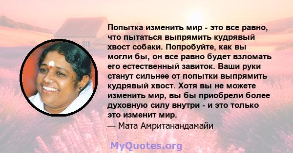 Попытка изменить мир - это все равно, что пытаться выпрямить кудрявый хвост собаки. Попробуйте, как вы могли бы, он все равно будет взломать его естественный завиток. Ваши руки станут сильнее от попытки выпрямить