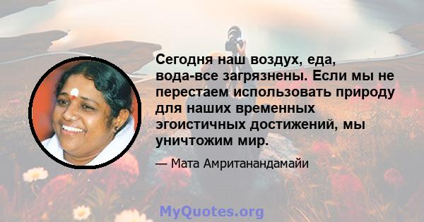 Сегодня наш воздух, еда, вода-все загрязнены. Если мы не перестаем использовать природу для наших временных эгоистичных достижений, мы уничтожим мир.