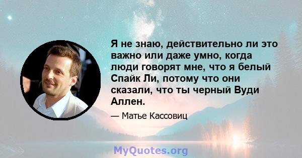 Я не знаю, действительно ли это важно или даже умно, когда люди говорят мне, что я белый Спайк Ли, потому что они сказали, что ты черный Вуди Аллен.