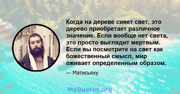 Когда на дереве сияет свет, это дерево приобретает различное значение. Если вообще нет света, это просто выглядит мертвым. Если вы посмотрите на свет как божественный смысл, мир оживает определенным образом.