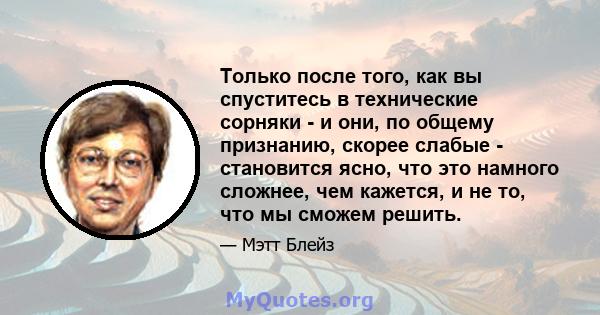 Только после того, как вы спуститесь в технические сорняки - и они, по общему признанию, скорее слабые - становится ясно, что это намного сложнее, чем кажется, и не то, что мы сможем решить.