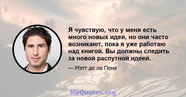 Я чувствую, что у меня есть много новых идей, но они часто возникают, пока я уже работаю над книгой. Вы должны следить за новой распутной идеей.