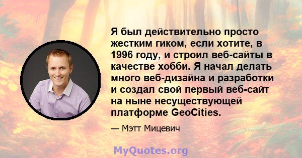 Я был действительно просто жестким гиком, если хотите, в 1996 году, и строил веб-сайты в качестве хобби. Я начал делать много веб-дизайна и разработки и создал свой первый веб-сайт на ныне несуществующей платформе