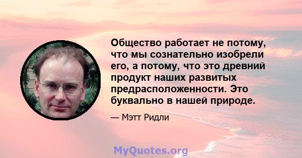 Общество работает не потому, что мы сознательно изобрели его, а потому, что это древний продукт наших развитых предрасположенности. Это буквально в нашей природе.