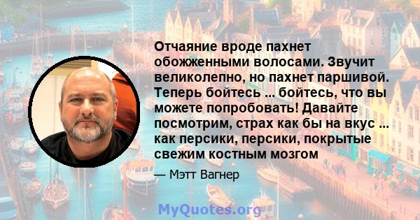 Отчаяние вроде пахнет обожженными волосами. Звучит великолепно, но пахнет паршивой. Теперь бойтесь ... бойтесь, что вы можете попробовать! Давайте посмотрим, страх как бы на вкус ... как персики, персики, покрытые