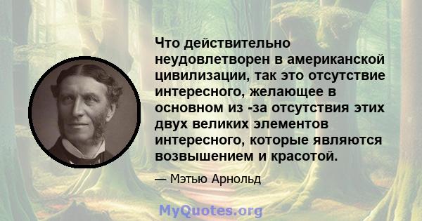 Что действительно неудовлетворен в американской цивилизации, так это отсутствие интересного, желающее в основном из -за отсутствия этих двух великих элементов интересного, которые являются возвышением и красотой.