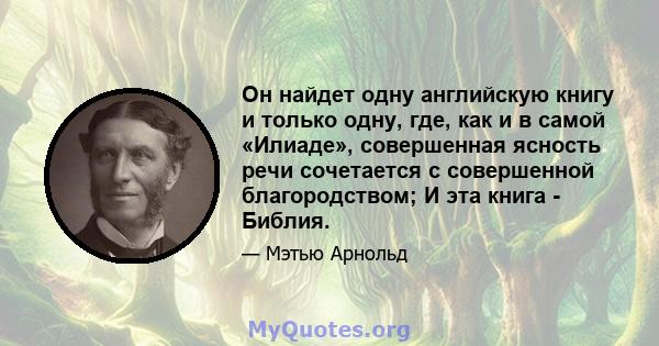 Он найдет одну английскую книгу и только одну, где, как и в самой «Илиаде», совершенная ясность речи сочетается с совершенной благородством; И эта книга - Библия.