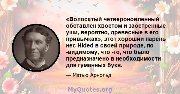 «Волосатый четвероновленный обставлен хвостом и заостренные уши, вероятно, древесные в его привычках», этот хороший парень нес Hided в своей природе, по -видимому, что -то, что было предназначено в необходимости для