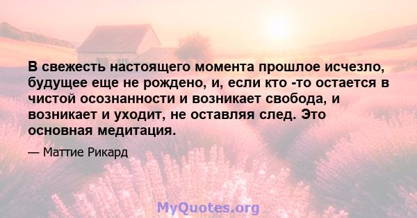 В свежесть настоящего момента прошлое исчезло, будущее еще не рождено, и, если кто -то остается в чистой осознанности и возникает свобода, и возникает и уходит, не оставляя след. Это основная медитация.