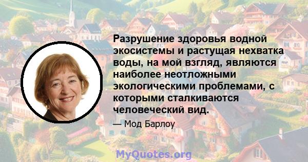 Разрушение здоровья водной экосистемы и растущая нехватка воды, на мой взгляд, являются наиболее неотложными экологическими проблемами, с которыми сталкиваются человеческий вид.