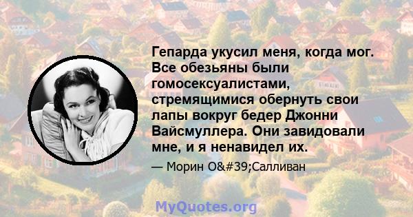 Гепарда укусил меня, когда мог. Все обезьяны были гомосексуалистами, стремящимися обернуть свои лапы вокруг бедер Джонни Вайсмуллера. Они завидовали мне, и я ненавидел их.