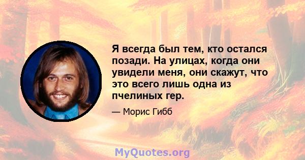 Я всегда был тем, кто остался позади. На улицах, когда они увидели меня, они скажут, что это всего лишь одна из пчелиных гер.