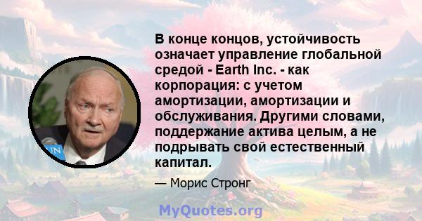 В конце концов, устойчивость означает управление глобальной средой - Earth Inc. - как корпорация: с учетом амортизации, амортизации и обслуживания. Другими словами, поддержание актива целым, а не подрывать свой