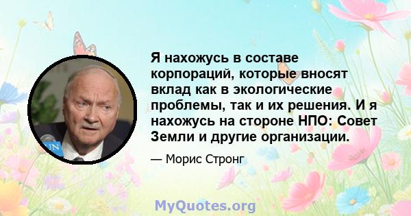 Я нахожусь в составе корпораций, которые вносят вклад как в экологические проблемы, так и их решения. И я нахожусь на стороне НПО: Совет Земли и другие организации.