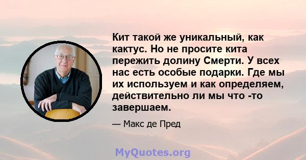 Кит такой же уникальный, как кактус. Но не просите кита пережить долину Смерти. У всех нас есть особые подарки. Где мы их используем и как определяем, действительно ли мы что -то завершаем.