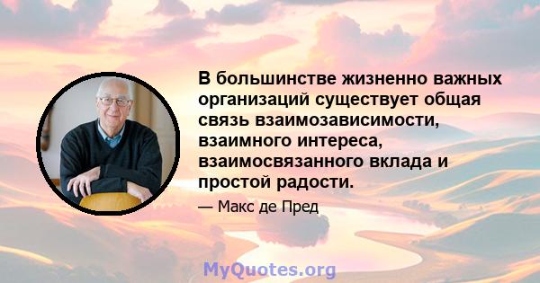 В большинстве жизненно важных организаций существует общая связь взаимозависимости, взаимного интереса, взаимосвязанного вклада и простой радости.