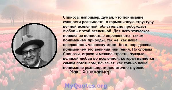 Спиноза, например, думал, что понимание сущности реальности, в гармоничную структуру вечной вселенной, обязательно пробуждает любовь к этой вселенной. Для него этическое поведение полностью определяется таким пониманием 